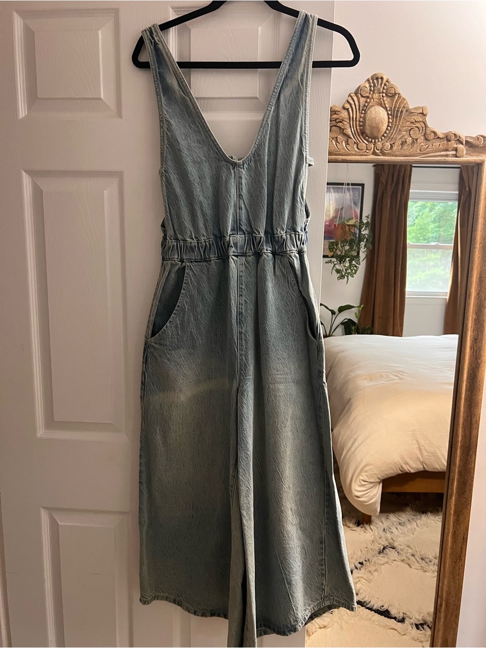 Free People Washed Light Blue Denim Wide-Leg Jumpsuit